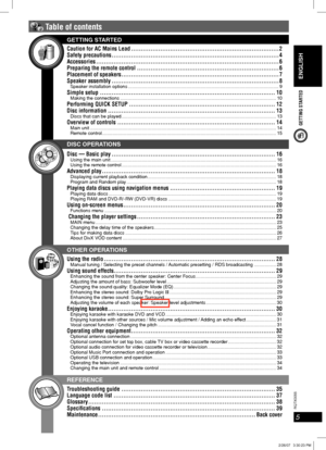 Page 5ENGLISH
5
RQT8043
RQTX0055
GETTING STARTED
GETTING STARTED
DISC OPERATIONS
OTHER OPERATIONS
REFERENCE
 Table of contents
Caution for AC Mains Lead ............................................................................ 2
Safety precautions ...................................................................................... 4
Accessories .............................................................................................. 6
Preparing the remote control...