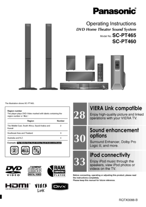 Page 1[GC] [GS] [GCS] [GCT] [GN]RQTX0088-B
Operating Instructions
DVD Home Theater Sound System
Model No. SC-PT465
SC-PT460
The illustration shows SC-PT465.
Before connecting, operating or adjusting this product, please read 
the instructions completely.
Please keep this manual for future reference. Region number
The player plays DVD-Video marked with labels containing the 
region number or “ALL”.
Region Number
The Middle East, South Africa, Saudi Arabia and 
Kuwait2
Southeast Asia and Thailand 3
Australia and...