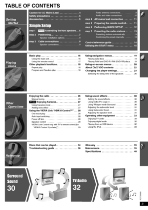 Page 3
RQTX0088
3
Reference
TABLE OF CONTENTS
Caution for AC Mains Lead. . . . . . . . . . . . . . . .  4
Safety precautions  . . . . . . . . . . . . . . . . . . . . . .  5
Accessories . . . . . . . . . . . . . . . . . . . . . . . . . . . .  5
Simple Setup
step 1[PT465] Assembling the front speakers . . . 6
step 2 Positioning . . . . . . . . . . . . . . . . . . . . . .  7
Speaker installation options . . . . . . . . . . . . .  8
step 3 Cable connections. . . . . . . . . . . . . . . .  9
Speaker connections . ....