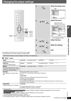 Page 2323
Changing the player settings
RQTX0088
Changing the player settings
≥The settings remain intact even if you switch the unit to standby.
≥Underlined items are the factory settings in the following table.
∫“DISC” menu
§1Language options
[The[Middle[East,[South[Africa,[Saudi[Arabia[and[Kuwait]: FRENCH, SPANISH, GERMAN, RUSSIAN, HUNGARIAN, CZECH and POLISH
[Southeast[Asia[and[Thailand]: CHINESE TRAD.
[Australia[and[N.Z.]: FRENCH, SPANISH, GERMAN, ITALIAN, SWEDISH, DUTCH and POLISH
§2The original language...
