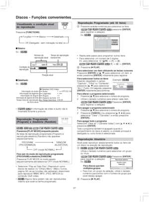 Page 2727
Discos - Funções convenientes
Pressione [FUNCTIONS].
Visualizando a condição atual
de reprodução
  
 Básico
Ex.: 
  
 Detalhado
Ex.: 
Reprodução Programada
(Program) e Aleatória (Random)
Pressione [PLAY MODE] enquanto parado.
As telas de reprodução programada (Program) e
reprodução aleatória (Random) irão aparecer
seqüencialmente.
Para sair do modo de reprodução programada
(PROGRAM) e aleatória (RANDOM)
Pressione PLAY MODE no modo parado
sequencialmente até selecionar OFF (modo NORMAL)....