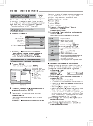 Page 2828 Selecione “Play as Data Disc” (Reproduzir como disco
de dados) no “Others Menu” (Menu Outros, página 33)
se as funções não estiverem disponíveis para reproduzir
WMA, MP3, JPEG, MPEG4 ou conteúdo DivX vídeo.
 Reproduzindo discos HighMAT
TM (página 29).
Reproduzindo itens em ordem(Playback Menu)
1Pressione [TOP MENU].
Discos - Discos de dados
Reproduzindo discos de dados    
2Pressione [
“ ““ “
“] seguido de [
4 44 4
4, 
$ $$ $
$] para selecionar o
grupo e então pressione [ENTER].
3Para reproduzir o...