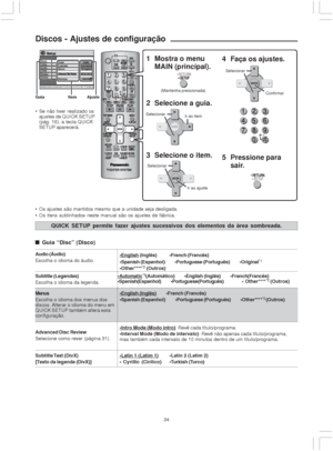 Page 3434
Audio (Áudio)
Escolha o idioma do áudio.English (Inglês)French (Francês)
Spanish (Espanhol) Portuguese (Português)Original*1
Other*****2 (Outros)
Advanced Disc Review
Selecione como rever (página 31). Menus
Escolha o idioma dos menus dos
discos. Alterar o idioma do menu em
QUICK SETUP também altera esta
configuração. Subtitle (Legendas)
Escolha o idioma da legenda.
Intro Mode (Modo intro): Revê cada título/programa.
Interval Mode (Modo de intervalo): Revê não apenas cada título/programa,
mas...