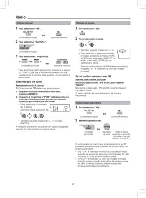 Page 4040
Rádio
Sintonia manual
1Para selecionar FM.
2Para selecionar MANUAL.
3Para selecionar a freqüência.
Para sintonizar automaticamente, pressione e segure
[
 TUNE ] até que a freqüência comece a mudar
rapidamente. A sintonia pára quando uma emissora é
encontrada.
Sintonização de canal
Apenas pelo controle remoto
Até 30 emissoras FM podem ser programadas.
1. Enquanto ouvindo uma emissora de rádio,
pressione [ENTER].
2. Enquanto a freqüência e PGM estão piscando no
visor da unidade principal, pressione o...