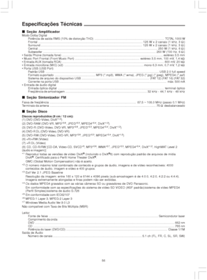 Page 5656
p pp p
p Seção AmplificadorModo Dolby Digital
Potência de saída RMS (10% de distorção THD)..................................................................................... TOTAL 1000 W
Frontal................................................................................................................................125 W x 2 canais (1 kHz, 3 )
Surround ............................................................................................................................125 W x 2 canais (1...