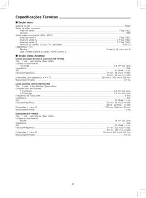 Page 5757
Especificações Técnicas
p pp p
p Seção Vídeo
Sistema de cor....................................................................................................................................................................NTSC
Saída de vídeo composto
Nível de saída................................................................................................................................................. 1 Vpp (75)...