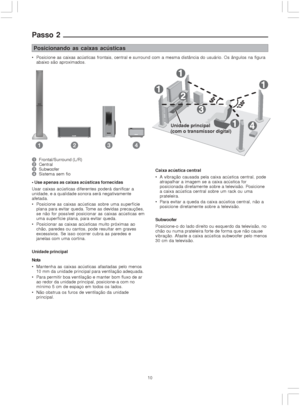 Page 1010
Posicionando as caixas acústicas
 Posicione as caixas acústicas frontais, central e surround com a mesma distância do usuário. Os ângulos na figura
abaixo são aproximados.
Caixa acústica central
 A vibração causada pela caixa acústica central, pode
atrapalhar a imagem se a caixa acústica for
posicionada diretamente sobre a televisão. Posicione
a caixa acústica central sobre um rack ou uma
prateleira.
 Para evitar a queda da caixa acústica central, não a
posicione diretamente sobre a televisão....