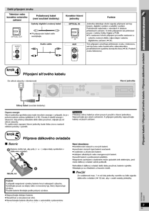 Page 859
Jednoduché uvedení do provozu
Připojení kabelů / Připojení sít’ového kabelu / Příprava dálkového ovladače
9
ČESKY RQTX0098
Úspora energie
Hlavní jednotka spotřebovává malé množství energie i v případě, že je v 
pohotovostním režimu (přibližně 0,4 W). Chcete-li ušetřit energii v 
situacích, kdy přístroj nebudete delší dobu používat, odpojte jej od 
sít’ové zásuvky.
Po opětovném zapojení hlavní jednotky bude třeba znovu nastavit 
některé položky v paměti.[]Pozn]á]mka]]
Přiložený sít’ový kabel je určen...