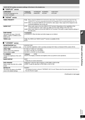 Page 2323
Changing the player settings
ENGLISH RQTX0098
∫“DISPLAY” menu
∫“HDMI” menu
∫“OTHERS” menu
(Continued on next page)
QUICK SETUP enables successive settings of the items in the shaded area.
LA NGUAGEChoose the language for the 
on-screen messages.
≥ENGLISH≥FRANÇAIS≥ESPAÑOL≥DEUTSCH
≥PУCCKИЙ≥MAGYAR≥ÇESKY≥POLSKI
VIDEO PRIORITY≥ON: When using the HDMI AV OUT terminal for video output. The resolution of the video output from the 
HDMI AV OUT terminal is optimized according to the capability of the connected...