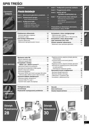 Page 41POLSKI RQTX0098
3 Informacje 
dodatkowe
SPIS TREŚCI
Akcesoria . . . . . . . . . . . . . . . . . . . . . . . . . . . . . .  2
Prosta Instalacja
krok 1 Montowanie głośników przednich . . .  4
krok 2 Umieszczanie sprzętu . . . . . . . . . . . . .  5
Opcje instalacji głośników  . . . . . . . . . . . . . .  6
krok 3 Podłączanie kabli. . . . . . . . . . . . . . . . .  7
Podłączanie głośników. . . . . . . . . . . . . . . . .  7
Podłączanie anteny radiowej . . . . . . . . . . . .  7
Podłączanie w audio-wideo . ....