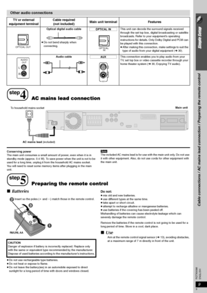 Page 99
Simple Setup
Cable connections / AC mains lead connection / Preparing the remote control
9
ENGLISH RQTX0098
Conserving power
The main unit consumes a small amount of power, even when it is in 
standby mode (approx. 0.4 W). To save power when the unit is not to be 
used for a long time, unplug it from the household AC mains socket.
You will need to reset some memory items after plugging in the main 
unit.[Note]
The included AC mains lead is for use with the main unit only. Do not use 
it with other...