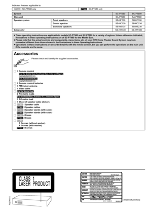 Page 22
R Q T X 111 5
Indicates features applicable to:
[PT980] : SC-PT980 only[PT580] : SC-PT580 only
SystemSC-PT980SC-PT580
Main unitSA-PT980 SA-PT580
Speaker system Front speakersSB-HF730 SB-HF330
Center speakerSB-HC730 SB-HC230
Surround speakersSB-HS735 SB-HS230
SubwooferSB-HW330 SB-HW330
≥These operating instructions are applicable to models SC-PT980 and SC-PT580 for a variety of regions. Unless otherwise indicated, 
illustrations in these operating instructions are of SC-PT980 for the Middle East....