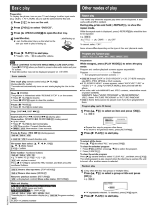 Page 1212
R Q T X 111 5
Getting Started Playing Discs Other Operations Reference
Preparation
To display the picture, turn on your TV and change its video input mode 
(e.g. VIDEO 1, AV 1, HDMI, etc.) to suit the connection to this unit.
[Note]
≥DISCS CONTINUE TO ROTATE WHILE MENUS ARE DISPLAYED.
Press [∫STOP]6 when you finish to preserve the unit’s motor and your 
TV screen.
≥Total title number may not be displayed properly on iR/iRW.This works only when the elapsed play time can be displayed. It also 
works...