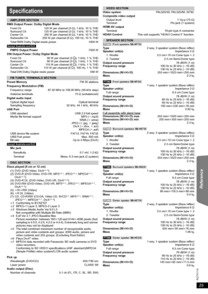 Page 2525
R Q T X 111 5
Getting Started Playing Discs Other Operations Reference
Specifications
AMPLIFIER SECTION
RMS Output Power: Dolby Digital Mode
Front Ch
Surround Ch
Center Ch
Subwoofer Ch125 W per channel (3≠), 1 kHz, 10 % THD
125 W per channel (3≠), 1 kHz, 10 % THD
250 W per channel (6≠), 1 kHz, 10 % THD
250 W per channel (6≠), 100 Hz, 10 % THD
Total RMS Dolby Digital mode power 1000 W
[Except[Australia]and]N.Z.]
PMPO Output Power7500 W
DIN Output Power: Dolby Digital Mode
Front Ch
Surround Ch
Center...