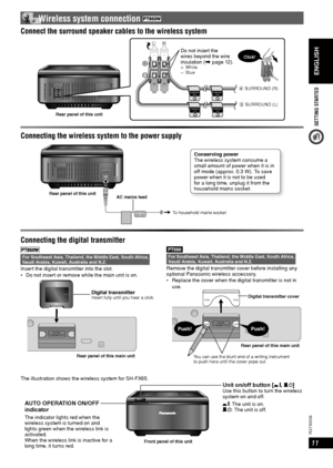 Page 11ENGLISH
ENGLISH
11
RQT8043
RQTX0038
GETTING STARTED
AC IN
 Wireless system connection 
The illustration shows the wireless system for SH-FX65.
Connect the surround speaker cables to the wireless systemConnect the surround speaker cables to the wireless system
Connecting the wireless system to the power supplyConnecting the wireless system to the power supply
Connecting the digital transmitterConnecting the digital transmitter
For Southeast Asia, Thailand, the Middle East, South Africa, 
Saudi Arabia,...