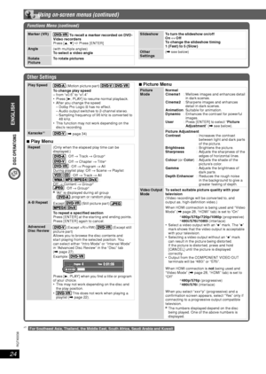 Page 24DISC OPERATIONS
ENGLISH
ENGLISH
24
RQT8043
RQTX0038
 Using on-screen menus (continued)
Other Settings
Play Speed (Motion picture part)  To change play speed
– from “x0.6” to “x1.4”
3, PLAY] to resume normal playback.
 After you change the speed
  – Dolby Pro Logic II has no effect.
  – Audio output switches to 2-channel stereo.
  – Sampling frequency of 96 kHz is converted to 
48 kHz.
 This function may not work depending on the 
disc’s recording.
Karaoke
*1 (\ page 34)
7 Play Menu
Repeat
(Only when the...