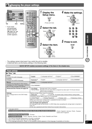 Page 27DISC OPERATIONS
ENGLISH
ENGLISH
27
RQT8043
RQTX0038
 Changing the player settings
Player settings
7 “Disc” tab
Audio
Choose the audio language. *1*2✱ ✱ ✱ ✱ *3
Subtitle
Choose the subtitle language. 4 *1✱ ✱ ✱ ✱ *3
Menus
Choose the language for disc menus.
Changing the menu language in QUICK 
SETUP also changes this setting. *1
✱ ✱ ✱ ✱ *3
Advanced Disc Review (\ page 24)
 Reviews each title or program.
 Reviews not only each title or program but also each 10-minute interval 
within a title or program....