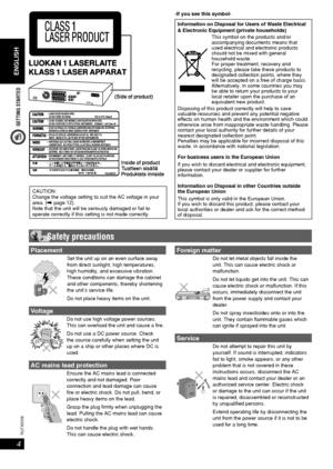 Page 4GETTING STARTED
ENGLISH
ENGLISH
4
RQT8043
RQTX0038
-If you see this symbol-
Information on Disposal for Users of Waste Electrical 
& Electronic Equipment (private households)
This symbol on the products and/or 
accompanying documents means that 
used electrical and electronic products 
should not be mixed with general 
household waste.
For proper treatment, recovery and 
recycling, please take these products to 
designated collection points, where they 
will be accepted on a free of charge basis....