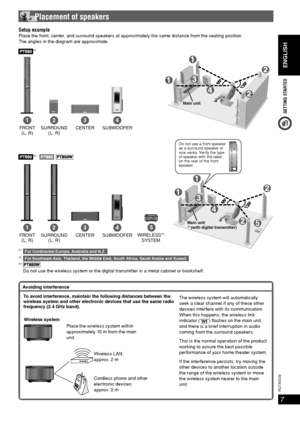 Page 7ENGLISH
ENGLISH
7
RQT8043
RQTX0038
GETTING STARTED
1
FRONT
(L, R)
2
SURROUND
(L, R)
3
CENTER
4
SUBWOOFER
 
5
WIRELESS*3
SYSTEM
Do not use a front speaker 
as a surround speaker or 
vice versa. Verify the type 
of speaker with the label 
on the rear of the front 
speaker.
Setup examplePlace the front, center, and surround speakers at approximately the same distance from the seating position.
The angles in the diagram are approximate.
 Placement of speakers
Main unit
5Main unit*3(with digital transmitter)...