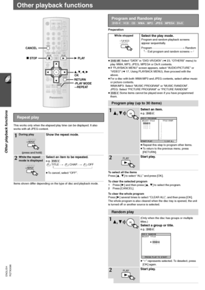 Page 1616
Other playback functions
RQTX0098 ENGLISH
Other playback functions
This works only when the elapsed play time can be displayed. It also 
works with all JPEG content.
Items shown differ depending on the type of disc and playback mode.Preparation
≥[DVD-VR] Select “DATA” in “DVD-VR/DATA” (➜23, “OTHERS” menu) to 
play WMA, MP3, JPEG, MPEG4 or DivX contents.
≥If “PLAYBACK MENU” screen appears, select “AUDIO/PICTURE” or 
“VIDEO” (➜17, Using PLAYBACK MENU), then proceed with the 
above.
≥For a disc with both...