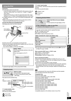 Page 3131
ENGLISH RQTX0098
Preparation
≥To view photos/videos from the iPod
– Ensure the video connection to the SCART (AV) terminal on this unit 
and s
elect “VIDEO/YPbPr” from “VIDEO OUT – SCART” in “VIDEO” 
menu (➜22).– Operate the iPod menu to make the appropriate photo/video output 
settings for your TV. (Refer to the operating instructions of your iPod.)
≥To display the picture, turn on the TV and select the appropriate video 
input mode.
≥Before connecting/disconnecting the iPod, turn the main unit off...