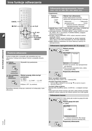 Page 5416
Inne funkcje odtwarzania
RQTX0098 POLSKI
Inne funkcje odtwarzania
Funkcja ta działa tylko w przypadku, gdy wyświetlany jest czas 
odtwarzania. Funkcję można włączyć również w przypadku obrazów 
JPEG.
Wyświetlane elementy różnią się w zależności od rodzaju płyty i trybu 
odtwarzania.Przygotowanie
≥[DVD-VR] Wybrać „DATA“ z „DVD-VR/DATA“ (➜23, Menu „OTHERS“) by 
odtwarzać zawartość WMA, MP3, JPEG, MPEG4 lub DivX.
≥Jeśli pojawi się ekran „PLAYBACK MENU“, wybrać „AUDIO/PICTURE“ 
lub „VIDEO“ (➜17,...