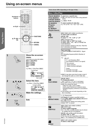 Page 1818
RQTX0226
Getting Started Playing Discs Other Operations Reference
Using on-screen menus
1Show the on-screen 
menu.
Each time you press the button:
Menu 1 (Disc/Play)
Menu 2 (Video)
Menu 3 (Audio)
Menu 4 (HDMI)
Exit
2Select the item.
3Make the settings.
4Exit.
RETURN
123
456
78
0
9
PLAY
OK
FUNCTIONS
10
CANCEL
OK
RETURN
FUNCTIONS
CANCEL
Numbered
buttons
PLAY
FUNCTIONS
T1C1
1:ENG
3/2.
1 :E OFF
TITLE  SEARCH
Current item
Item name e.g. Menu 1 (Disc/Play) [DVD-V]
OKT1C1
1:ENG
3/
1  OFF
CHAPTER  SEARCH...