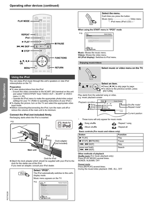 Page 2222
RQTX0226
Getting Started Playing Discs Other Operations Reference
Operating other devices (continued)
You can enjoy iPod music through this unit’s speakers or view iPod 
videos/photos on the TV.
Preparation
≥To view photos/videos from the iPod
– Ensure the video connection to the SCART (AV) terminal on this unit 
and select “VIDEO/YPbPr” from “VIDEO OUT – SCART” in VIDEO 
menu (B25).
– Operate the iPod menu to make the appropriate photo/video output 
settings for your TV. (Refer to operating...