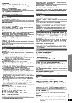 Page 3131
RQTX0226
Getting Started Playing Discs Other Operations Reference
No subtitles.≥Display the subtitles. (“SUBTITLE” in Menu 1) (B18)
≥Subtitles may not be displayed depending on the disc. [DivX]
Point B is automatically set.The end of an item becomes point B when it is reached.
The Setup menu cannot be accessed.≥Select “DVD/CD” as the source.
≥Cancel Program and Random play. (B16)
Sound is distorted.≥Noise may occur when playing WMA.
≥When using the HDMI output, audio may not be output from other...