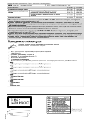 Page 22
R Q T X 111 3
Ук аз ы ва ет функции, реализованные в/Вказує на можливості, що відповідають:
[PT580] : только SC-PT580/тільки SC-PT580[PT880] : только SC-PT880/тільки SC-PT880
Система/СистемаSC-PT580SC-PT880
Основной блок/Основний апаратSA-PT580 SA-PT880
Акустическая система/Акустична 
системаФронтальные колонки/Фронтальні колонкиSB-HF330 SB-HF330
Центральная колонка/Центральна колонкаSB-HC230 SB-HC230
Колонки объемного звучания/Колонки об’ємного 
звучанняSB-HS230 SB-HS880
Сабвуфер/СабвуферSB-HW330...