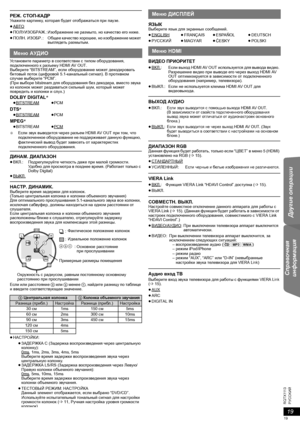 Page 1919
R Q T X 111 3PУCCKИЙ
Перед эксплуата-
цией Воспроизве-дение 
дисков Другие операции Справочная 
информация
Ус т а н о в и т е параметр в соответствии с типом оборудования, 
подключенного к разъему HDMI AV OUT.
Выберите “BITSTREAM”, если оборудование может декодировать 
битовый поток (цифровой 5.1-канальный сигнал). В противном 
случае выберите “PCM”.
(При выборе bitstream для оборудования без декодера, вместо звука 
из колонок может раздаваться сильный шум, который может 
повредить и колонки и слух.)...