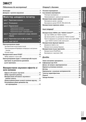 Page 315
R Q T X 111 3
УКРАЇНСЬ
Підготовка до 
експлуатації Операції з 
дисками Інші операції Довідка
ЗМіСТ
Підготовка до експлуатації
Аксесуари . . . . . . . . . . . . . . . . . . . . . . . . . . . . . . . . . . . . .2
Довідник з органiв керування . . . . . . . . . . . . . . . . . . . .4
Майстер швидкого початку
крок1Підготовка колонок. . . . . . . . . . . . . . . . . . . .  6
крок2Розмiщення . . . . . . . . . . . . . . . . . . . . . . . . . .  7
крок3Пiдключення . . . . . . . . . . . . . . . . . . . . . . . ....