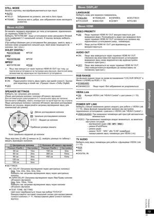 Page 4519
R Q T X 111 3
Getting Started Playing Discs Інші операції Довідка
УКРАЇНСЬ
Встановiть параметр відповідно до типа устаткування, пiдключеного 
до терміналу HDMI AV OUT.
Виберiть “BITSTREAM”, якщо устаткування може декодувати бітовий 
потік (цифровий 5.1-канальний сигнал). В iншому випадку виберiть 
“PCM”.
(При виборі bitstream для устаткування без декодера, замість звуку з 
колонок може роздаватися сильний шум, який може пошкодити як 
колонки, так і слух.)
DOLBY DIGITAL§
DTS§
MPEG§
§ Якщо звук...