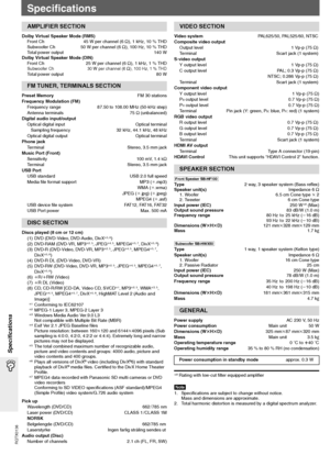 Page 38
RQTX0136
38
Specifications
Specifications
Dolby Virtual Speaker Mode (RMS)Front Ch  45 W per channel (6 ≠), 1 kHz, 10 % THD
Subwoofer Ch  50 W per channel (6 ≠), 100 Hz, 10 % THD
Total power output 140 W
Dolby Virtual Speaker Mode (DIN) Front Ch 25 W per channel (6  ≠), 1 kHz, 1 % THD
Subwoofer Ch 30 W per channel (6 ≠), 100 Hz, 1% THDTo t a l  p o w e r  output 80 W
Preset Memory FM 30 stations
Frequency Modulation (FM) Frequency range 87.50 to 108.00 MHz (50-kHz step)
Antenna terminals 75 ≠...