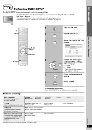 Page 9
RQTX0136
9
Simple Setup
The QUICK SETUP screen assists you to make necessary settings.
To display the picture from the main unit, turn on your television and change its video input mode
(e.g. VIDEO 1, AV 1, etc.).
≥To change your television’s video input mode, refer to its operating instructions.
≥ This remote control can perform some basic television operations ( ➜page 10).
To change these settings later
Select “ QUICK SETUP” in the “Others” menu ( ➜page 25).
∫Details of settings
≥Underlined items are...