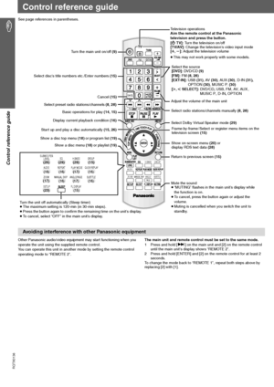 Page 10RQTX0136
10
Control reference guide
See page references in parentheses.
Other Panasonic audio/video equipment may start functioning when you 
operate the unit using the supplied remote control.
You can operate this unit in another mode by setting the remote control 
operating mode to “REMOTE 2”.The main unit and remote control must be set to the same mode.
1 Press and hold [9] on the main unit and [2] on the remote control 
until the main units display shows “REMOTE 2”. 
2 Press and hold [ENTER] and [2]...