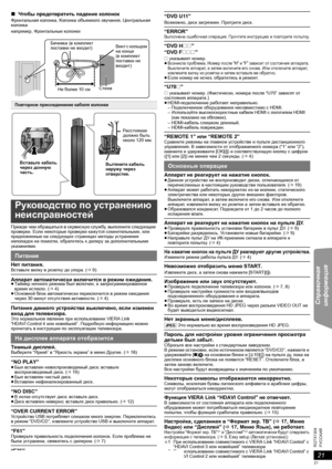 Page 2121
RQTX1304
Getting Started Playing Discs Other Operations Справочная 
информация
PУCCKИЙ
∫Чтобы предотвратить падение колонокФронтальная колонка, Колонка объемного звучания, Центральная 
колонка
например, Фронтальные колонки
Прежде чем обращаться в сервисную службу, выполните следующие 
проверки. Если некоторые проверки кажутся сомнительными, или 
предложенные на следующих страницах методы устранения 
неполадок не помогли, обратитесь к дилеру за дополнительными 
указаниями.
Нет питания.Вставьте вилку в...