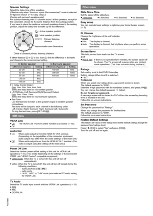 Page 1818
RQT9680
RatingsSet a rating level to limit DVD-Video play.
Setting ratings (When level 8 is selected)
≥1 to 7
≥8 No Limit
When you select your ratings level, a password screen is shown.
The default password is “0000”.
Enter the 4-digit password with the numbered buttons, and press [OK]8.
You can change the default password (Bbelow)
Do not forget your password.
A message screen will be shown if a DVD-Video disc exceeding the rating 
level is inserted in the unit.
Follow the on-screen instructions.
Set...