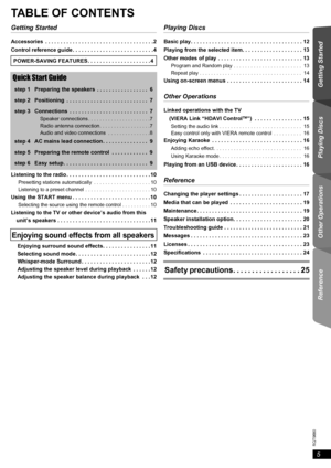 Page 55
Getting Started Playing Discs Other Operations Reference
RQT9680
TABLE OF CONTENTS
Getting Started
Accessories  . . . . . . . . . . . . . . . . . . . . . . . . . . . . . . . . . . . .2
Control reference guide . . . . . . . . . . . . . . . . . . . . . . . . . . .4
Quick Start Guide
step 1 Preparing the speakers  . . . . . . . . . . . . . . . . .  6
step 2 Positioning  . . . . . . . . . . . . . . . . . . . . . . . . . . .  7
step 3 Connections  . . . . . . . . . . . . . . . . . . . . . . . . . .  7...