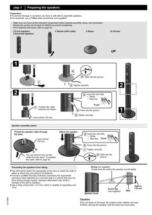Page 66
RQT9686
Preparation
≥To prevent damage or scratches, lay down a soft cloth to assemble speakers.
≥For assembly, use a Phillips-head screwdriver (not supplied).
≥You will need to obtain the appropriate screw eyes to match the walls or 
pillars to which they are going to be fastened.
≥Consult a qualified housing contractor concerning the appropriate 
procedure when attaching to a concrete wall or a surface that may not 
have strong enough support. Improper attachment may result in 
damage to the wall or...