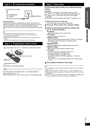 Page 99
RQT9686
Getting Started
Quick Start Guide
Conserving power
The main unit consumes a small amount of power, even when it is in 
standby mode (approx. 0.4 W). To save power when the unit is not to be 
used for a long time, unplug it from the household mains socket.
You will need to reset some memory items when plugging back the main 
unit.
	≥The supplied AC mains lead is for use with the main unit only. 
Do not use it with other equipment. Also, do not use cords for other 
equipment with the main unit....
