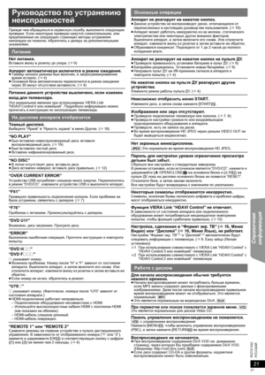 Page 2121
RQTX1332
Getting Started Playing Discs Other Operations Справочная 
информация
РУССКИЙ
Прежде чем обращаться в сервисную службу, выполните следующие 
проверки. Если некоторые проверки кажутся сомнительными, или 
предложенные на следующих страницах методы устранения 
неполадок не помогли, обратитесь к дилеру за дополнительными 
указаниями.
Нет питания.Вставьте вилку в розетку до упора. (B9)
Аппарат автоматически включится в режим ожидания.≥Тай мер ночного режима был включен, и запрограммированное...