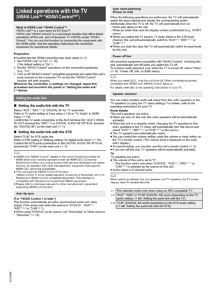 Page 1414
RQT9596
Getting Started Playing Discs Other Operations ReferencePreparation
≥Confirm that the HDMI connection has been made (B7).
1 Set “VIERA Link” to “On” (B16). 
(The default setting is “On”.)
2 Set the “HDAVI Control” operations on the connected equipment 
(e.g., TV).
3 Turn on all “HDAVI Control” compatible equipment and select this unit’s 
input channel on the connected TV so that the “HDAVI Control” 
function will work properly.
Whenever the connection or settings are changed, repeat this...