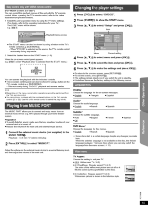 Page 1515
RQT9596
Getting Started Playing Discs Other Operations Reference
  
(For “HDAVI Control 2 or later”)
You can control the playback menus of this unit with the TV’s remote 
control. When operating the TV’s remote control, refer to the below 
illustration for operation buttons.
You can operate the playback with the indicated controls.
≥The on-screen control panel can also be shown by using a button on the 
TV’s remote control (e.g. [SUB MENU]).
– This works only during “DVD/CD” playback and resume...