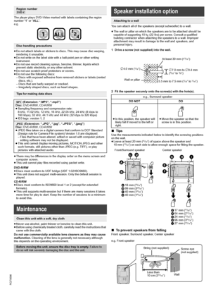 Page 1818
RQT9596
Getting Started Playing Discs Other Operations Reference
  
The player plays DVD-Video marked with labels containing the region 
number “1” or “ALL”.
e.g.
≥Do not attach labels or stickers to discs. This may cause disc warping, 
rendering it unusable.
≥Do not write on the label side with a ball-point pen or other writing 
instrument.
≥Do not use record cleaning sprays, benzine, thinner, liquids which 
prevent static electricity, or any other solvent.
≥Do not use scratch-proof protectors or...