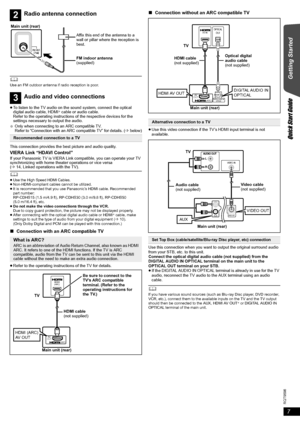 Page 77
RQT9596
Getting Started
Quick Start Guide
	Use an FM outdoor antenna if radio reception is poor.
≥To listen to the TV audio on the sound system, connect the optical 
digital audio cable, HDMI§ cable or audio cable.
Refer to the operating instructions of the respective devices for the 
settings necessary to output the audio.
§
Only when connecting to an ARC compatible TV. 
Refer to “Connection with an ARC compatible TV” for details. (Bbelow)
This connection provides the best picture and audio quality....