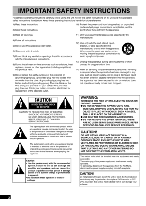 Page 2RQT9471
2
CAUTION!
DO NOT INSTALL OR PLACE THIS UNIT IN A 
BOOKCASE, BUILT-IN CABINET OR IN ANOTHER 
CONFINED SPACE. ENSURE THE UNIT IS WELL 
VENTILATED. TO PREVENT RISK OF ELECTRIC SHOCK 
OR FIRE HAZARD DUE TO OVERHEATING, ENSURE 
THAT CURTAINS AND ANY OTHER MATERIALS DO 
NOT  OBSTRUCT THE VENTILATION VENTS.
The lightning ﬂ ash with arrowhead symbol, within 
an equilateral triangle, is intended to alert the user 
to the presence of uninsulated “dangerous voltage” 
within the product’s enclosure that may...