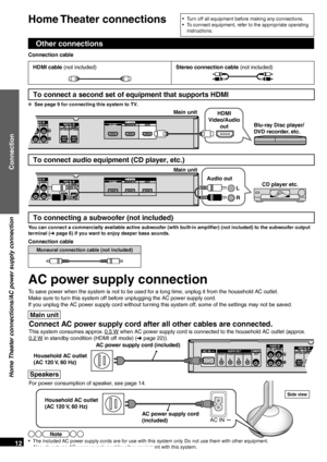 Page 12RQT9471
12
For power consumption of speaker, see page 14.
Other connections
AC power supply connection
Connection cable
HDMI cable (not included)Stereo connection cable (not included)
To connect a second set of equipment that supports HDMI
✽  See page 9 for connecting this system to TV.
Main unitHDMI
Video/Audio  out Blu-ray Disc player/
DVD recorder, etc.
To connect audio equipment (CD player, etc.)
Main unit
Audio out CD player etc.
L
R
To connecting a subwoofer (not included)
You can connect a...