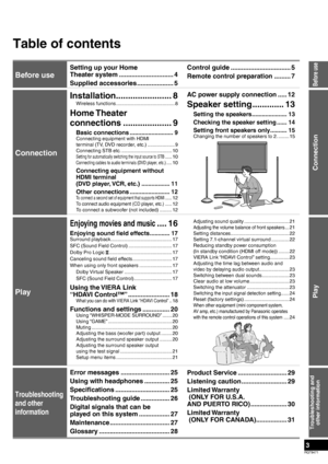 Page 3RQT9471
3
Before use
Table of contents
Setting up your Home 
Theater system .............................. 4
Supplied accessories .................... 5Control guide ................................. 5
Remote control preparation ......... 7
Connection
Installation ....................... 8
Wireless functions ........................................... 8
Home Theater 
connections .................... 9
Basic connections .......................... 9
Connecting equipment with HDMI 
terminal (TV, DVD...