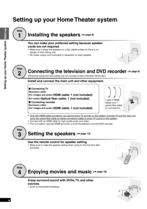 Page 4RQT9471
4
Installing the speakers (➜  page 8)
Step
1
You can make your preferred setting because speaker 
cords are not required.
•  Make sure to place the speakers on a flat, stable surface so there is no 
danger of them falling over.
•  AC power supply cord (included) is necessary for each speaker.
Connecting the television and DVD recorder ( ➜  page 9)
(Peripheral equipment and cables are not included unless otherwise mentioned.)
Step
2
Enjoying movies and music (
➜  page 16)
Enjoy surround sound with...